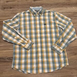 RVCA Men's Blue and Yellow Plaid Button-Down Shirt